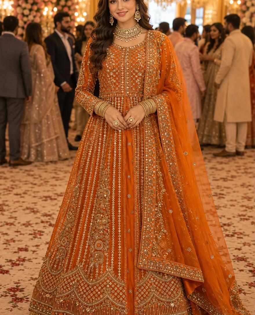 ORANGE - Orange Net Kurti Lehenga With Zari Work